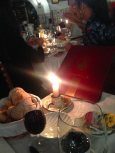 wine and bread at Al Severa by candle light 